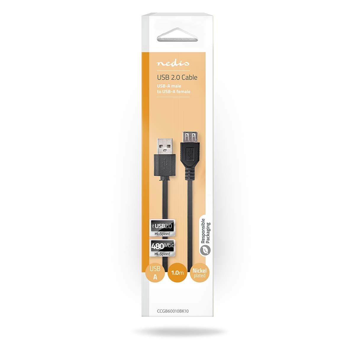 Nedis  Câble USB | USB 2.0 | USB-A mâle | USB-A femelle | 480 Mbps | Nickelé | 1.00 m | Rond | PVC | Noir | Boîte 