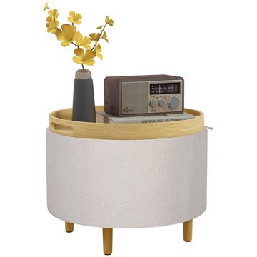 Tabouret Ottoman Avec Espace De Rangement, Pouf Rond Avec Couvercle Rabattable, Pieds En Bois, Moderne, Pour Salon, Chambre, Blanc, Ø56 X 42 Cm