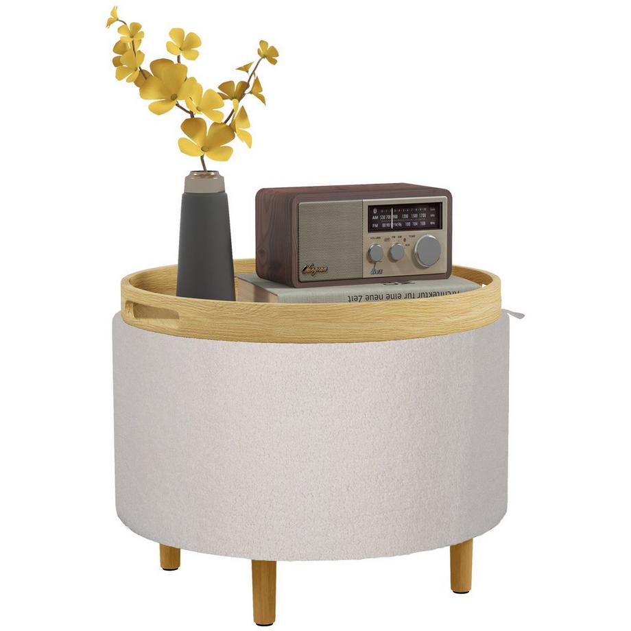 Northio Sitzhocker Ottomane Mit Stauraum Runder Polsterhocker Mit Klappdeckel, Holzbeine, Modern, Für Wohnzimmer, Schlafzimmer, Weiß, Ø56 X 42 Cm  