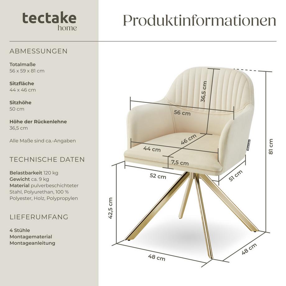 Tectake Samt-Drehstuhl Lona gepolstert mit durchgehender Lehne  