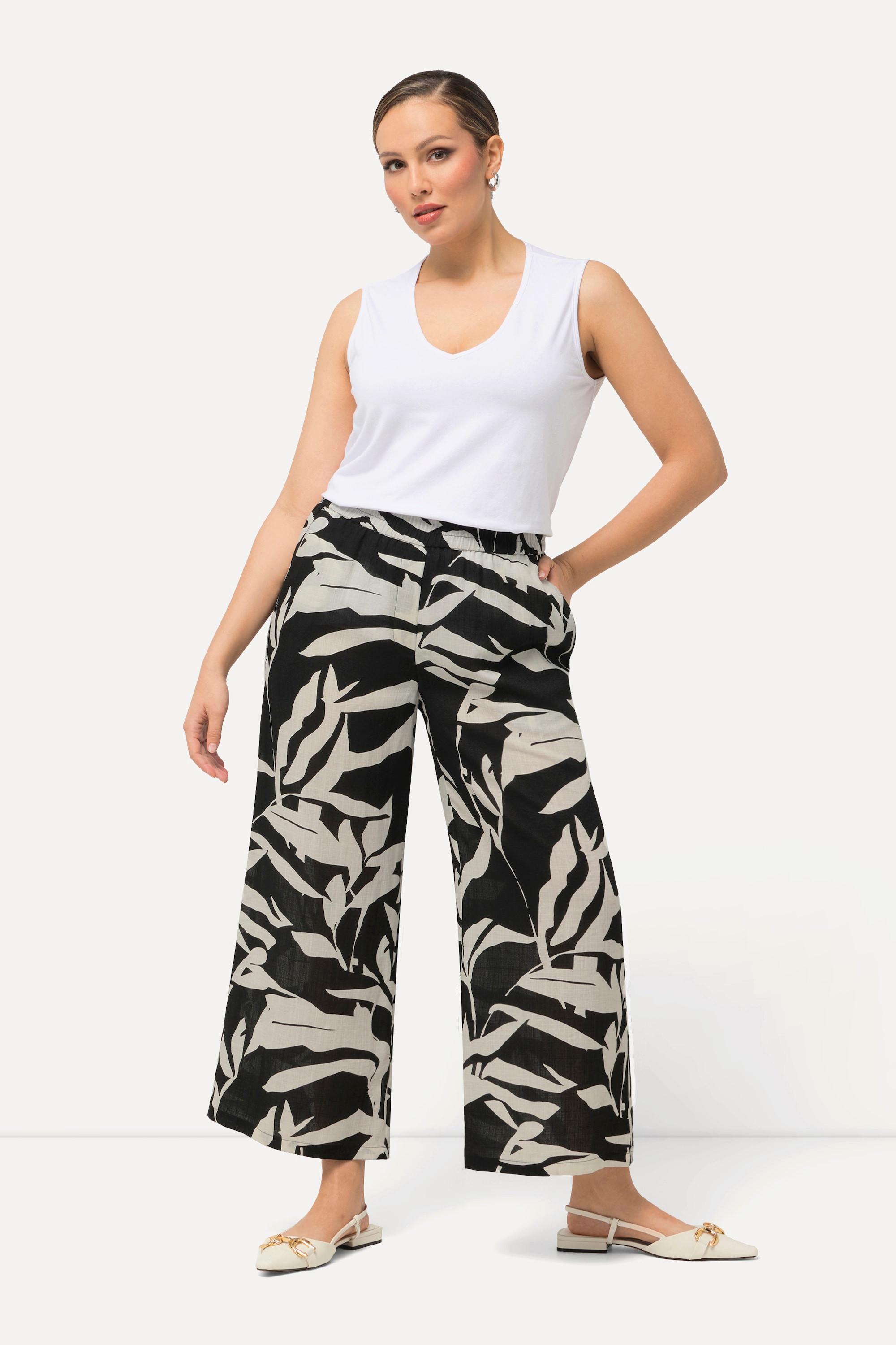 Ulla Popken  Pantalon à imprimé feuilles, aspect lin. Taille élastique et jambe droite 