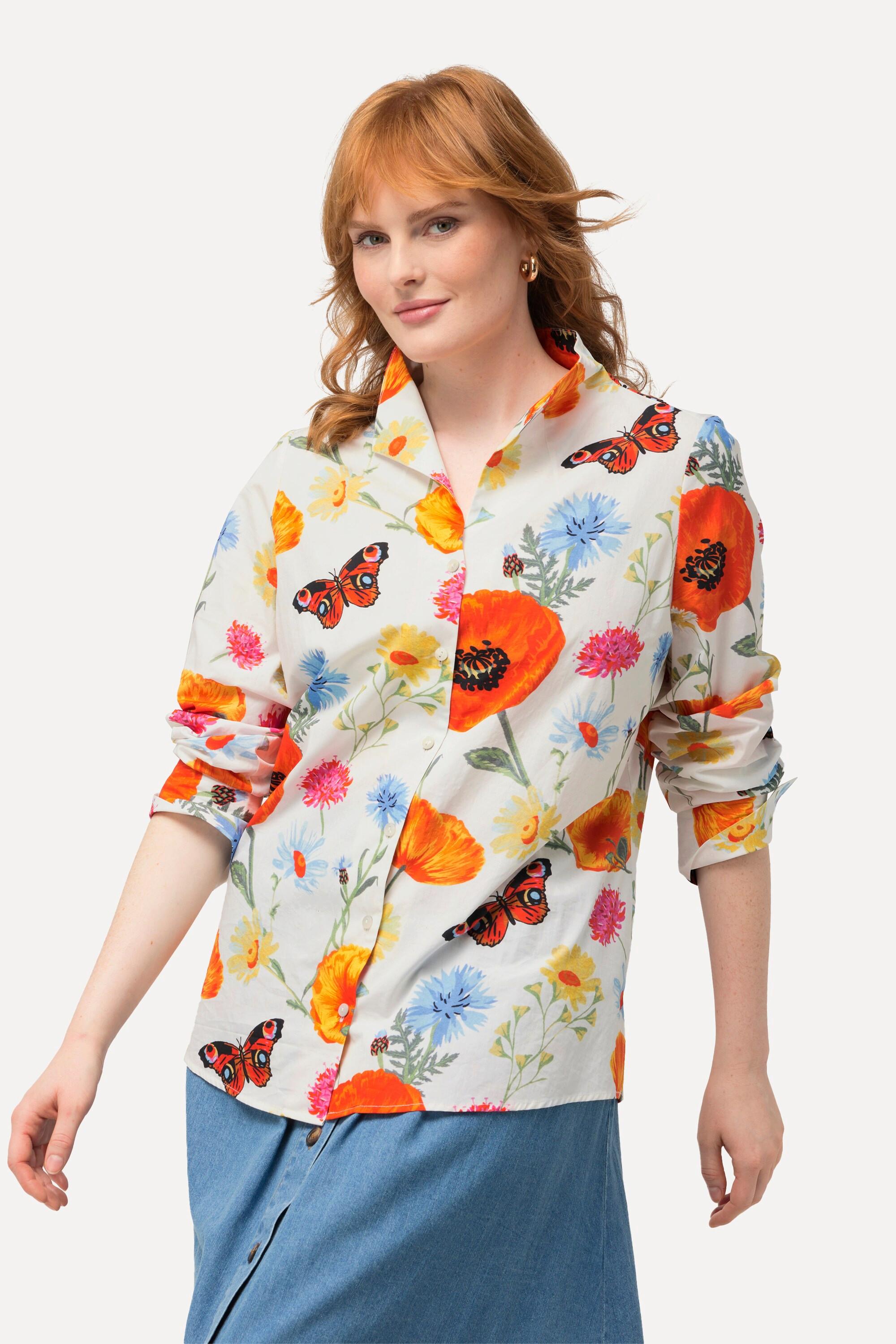 Ulla Popken  Blusa con fiori, farfalle, scollo montante e maniche lunghe 