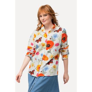 Ulla Popken  Blusa con fiori, farfalle, scollo montante e maniche lunghe 