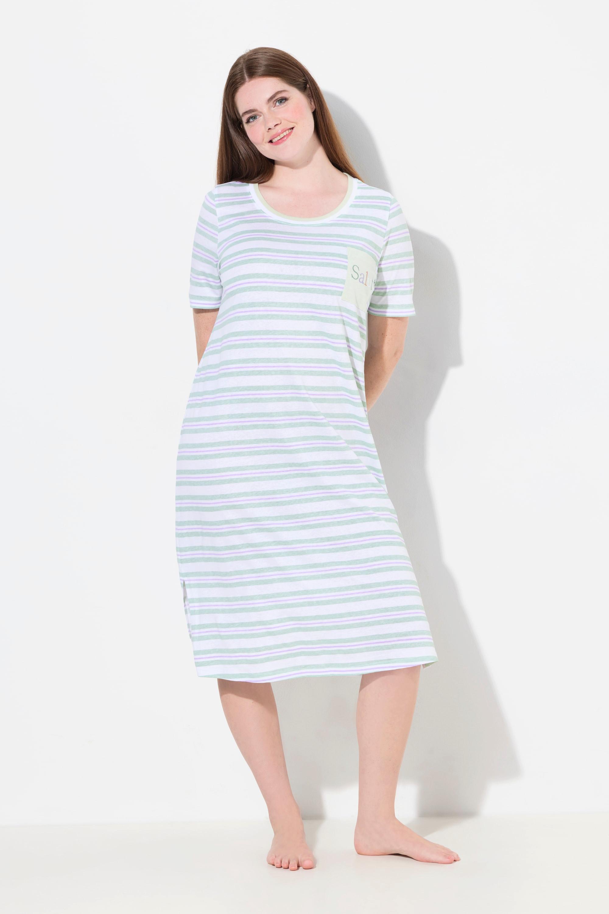 Ulla Popken Camicia da notte a righe scollo rotondo mezze maniche con taschino  