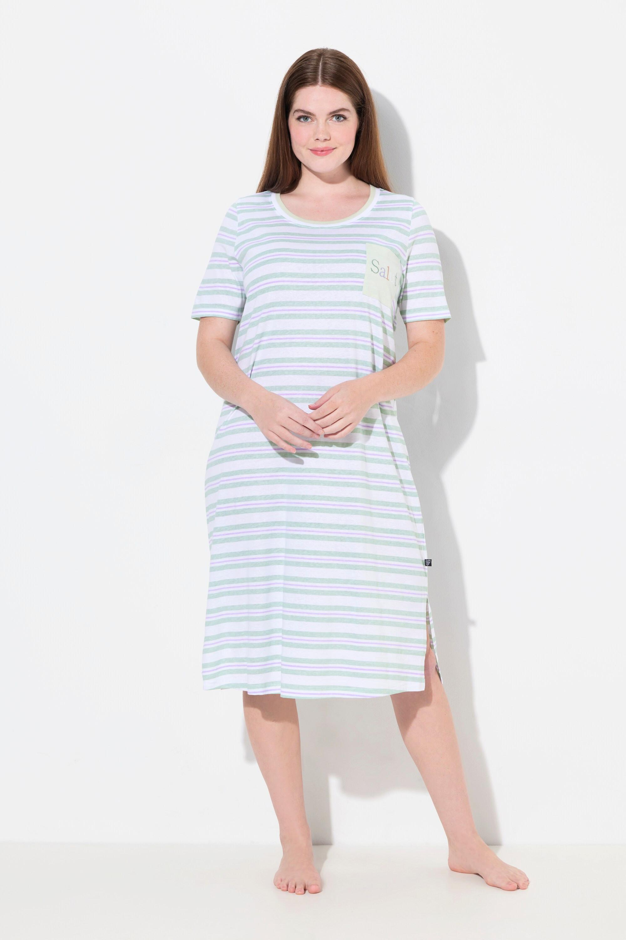 Ulla Popken Camicia da notte a righe scollo rotondo mezze maniche con taschino  