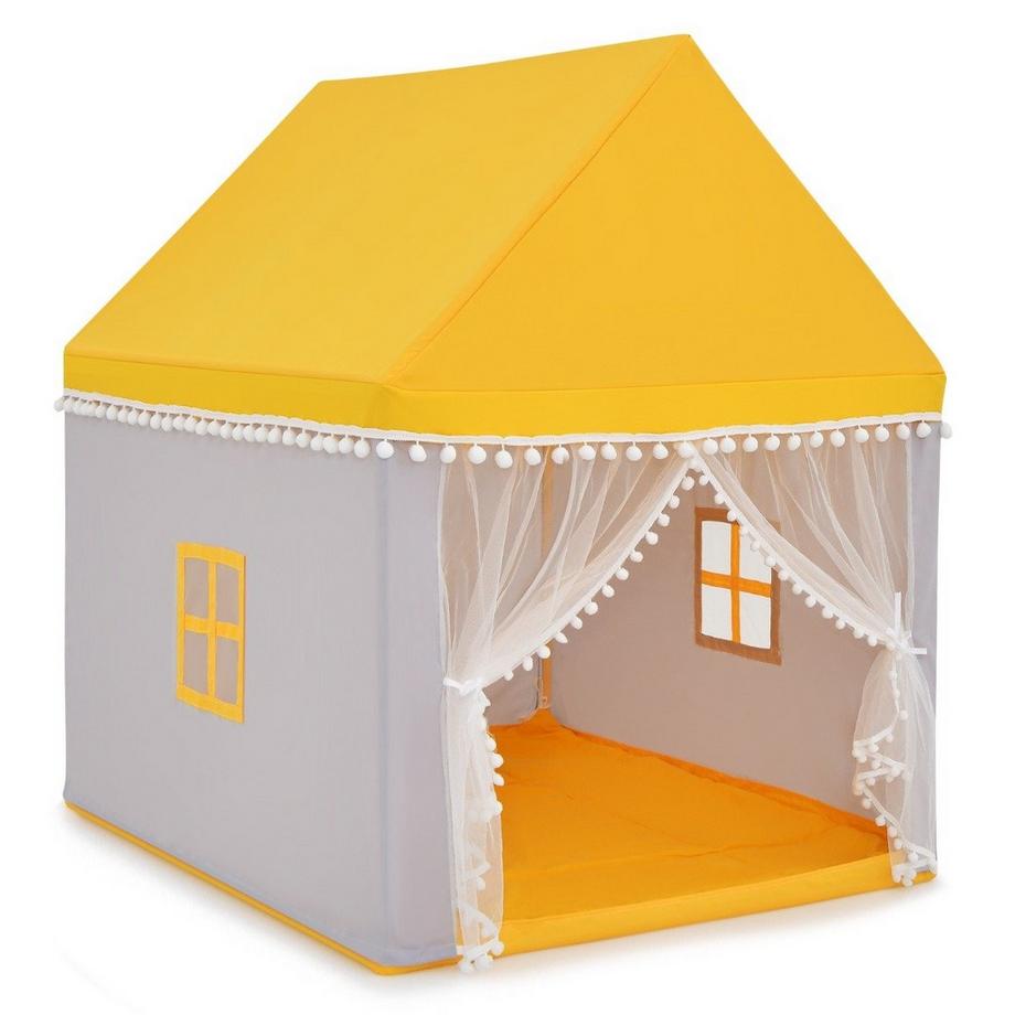 B2X  Kinderspielhaus mit Massivholzrahmen & Baumwolldecke Kinderzelt Gelb + Grau 