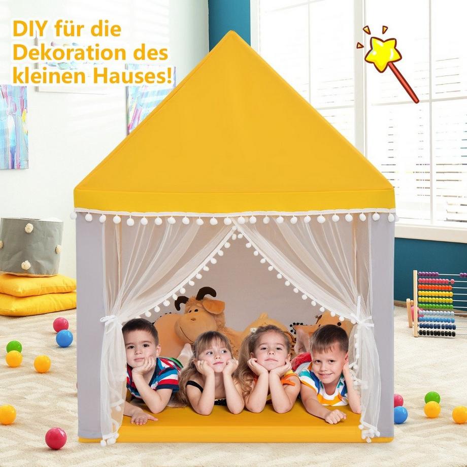 B2X  Kinderspielhaus mit Massivholzrahmen & Baumwolldecke Kinderzelt Gelb + Grau 