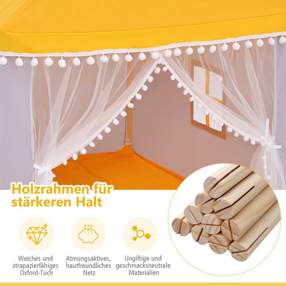 B2X  Kinderspielhaus mit Massivholzrahmen & Baumwolldecke Kinderzelt Gelb + Grau 