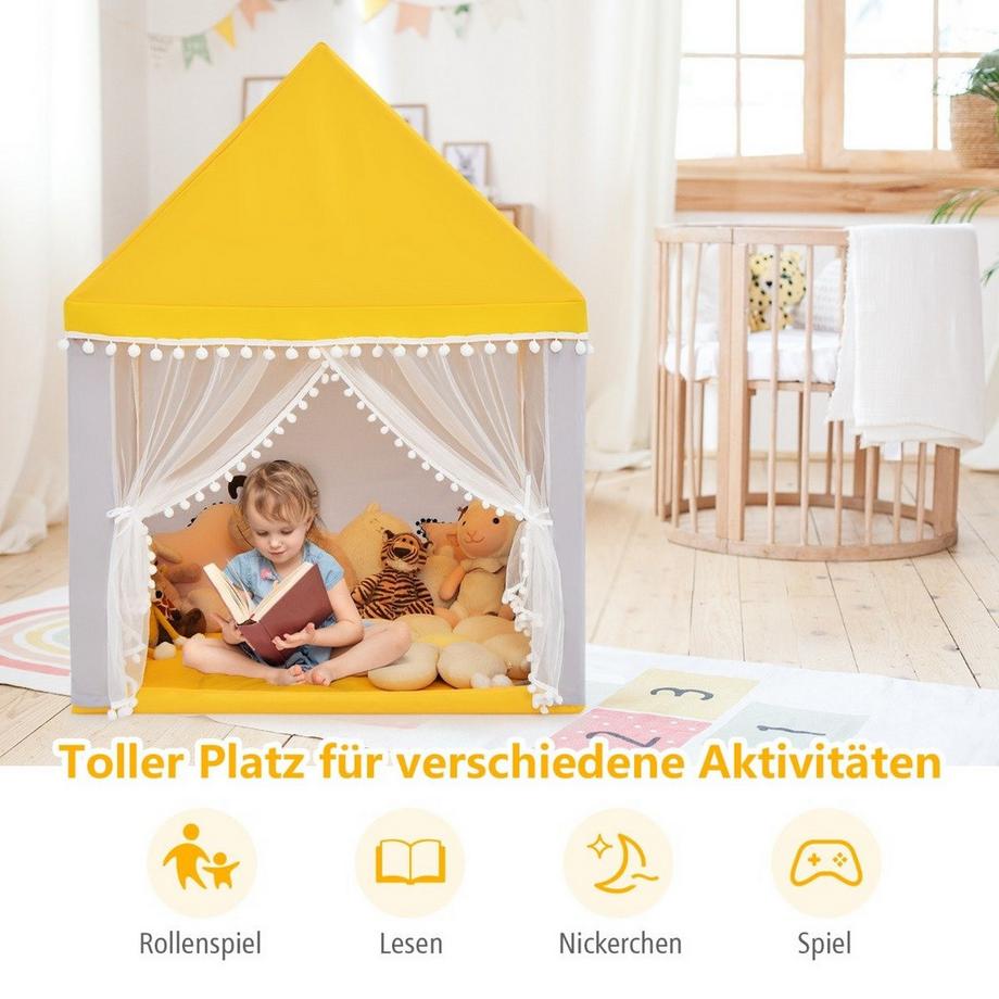 B2X  Kinderspielhaus mit Massivholzrahmen & Baumwolldecke Kinderzelt Gelb + Grau 