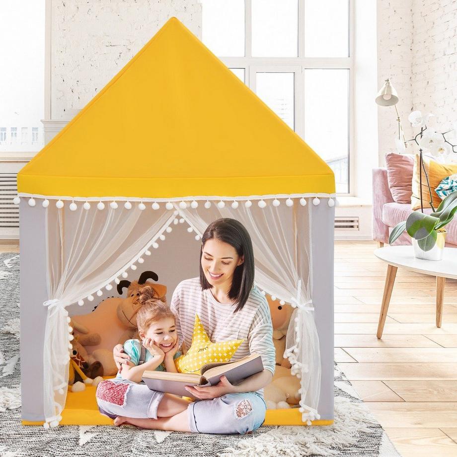 B2X  Kinderspielhaus mit Massivholzrahmen & Baumwolldecke Kinderzelt Gelb + Grau 