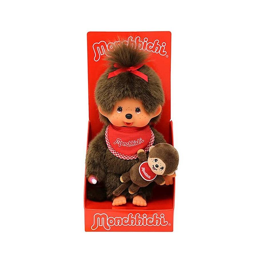 Monchhichi  Sekiguchi 242184 Original  Mädchen mit Mini-, Plüsch-Figur mit em Lätzchen und Schleife im Haar, Kuscheltier aus em Plüsch, ca. 20 cm groß 