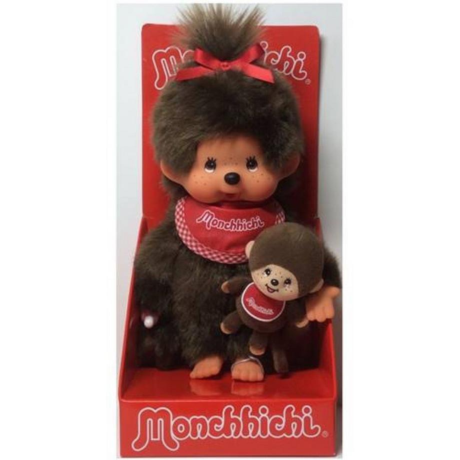 Monchhichi  Sekiguchi 242184 Original  Mädchen mit Mini-, Plüsch-Figur mit em Lätzchen und Schleife im Haar, Kuscheltier aus em Plüsch, ca. 20 cm groß 