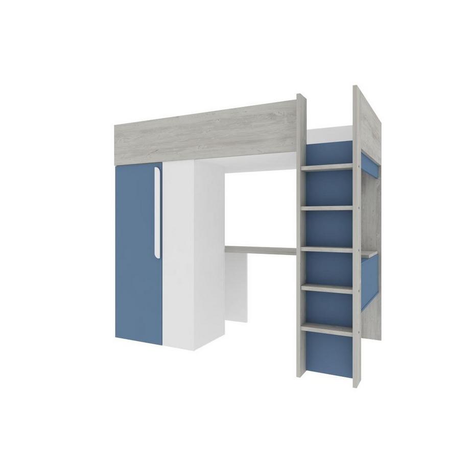 Vente-unique Letto a soppalco 90 x 200 cm con armadio e scrivania Blu e Bianco + Materasso - NICOLAS  