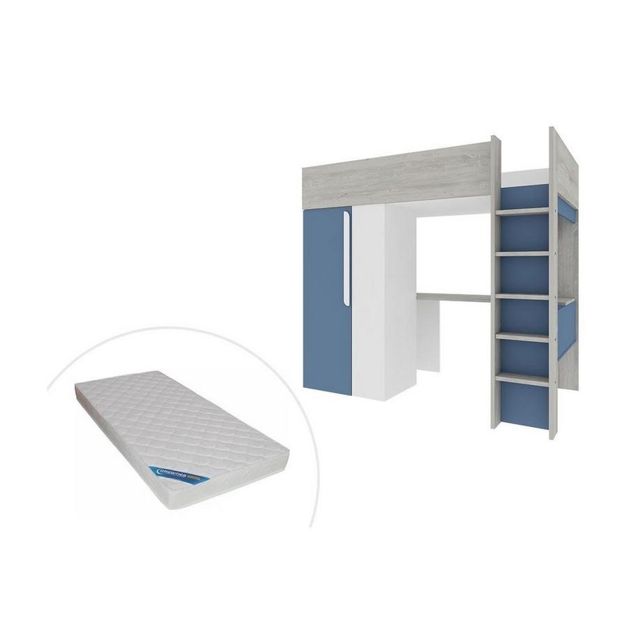 Vente-unique Letto a soppalco 90 x 200 cm con armadio e scrivania Blu e Bianco + Materasso - NICOLAS  