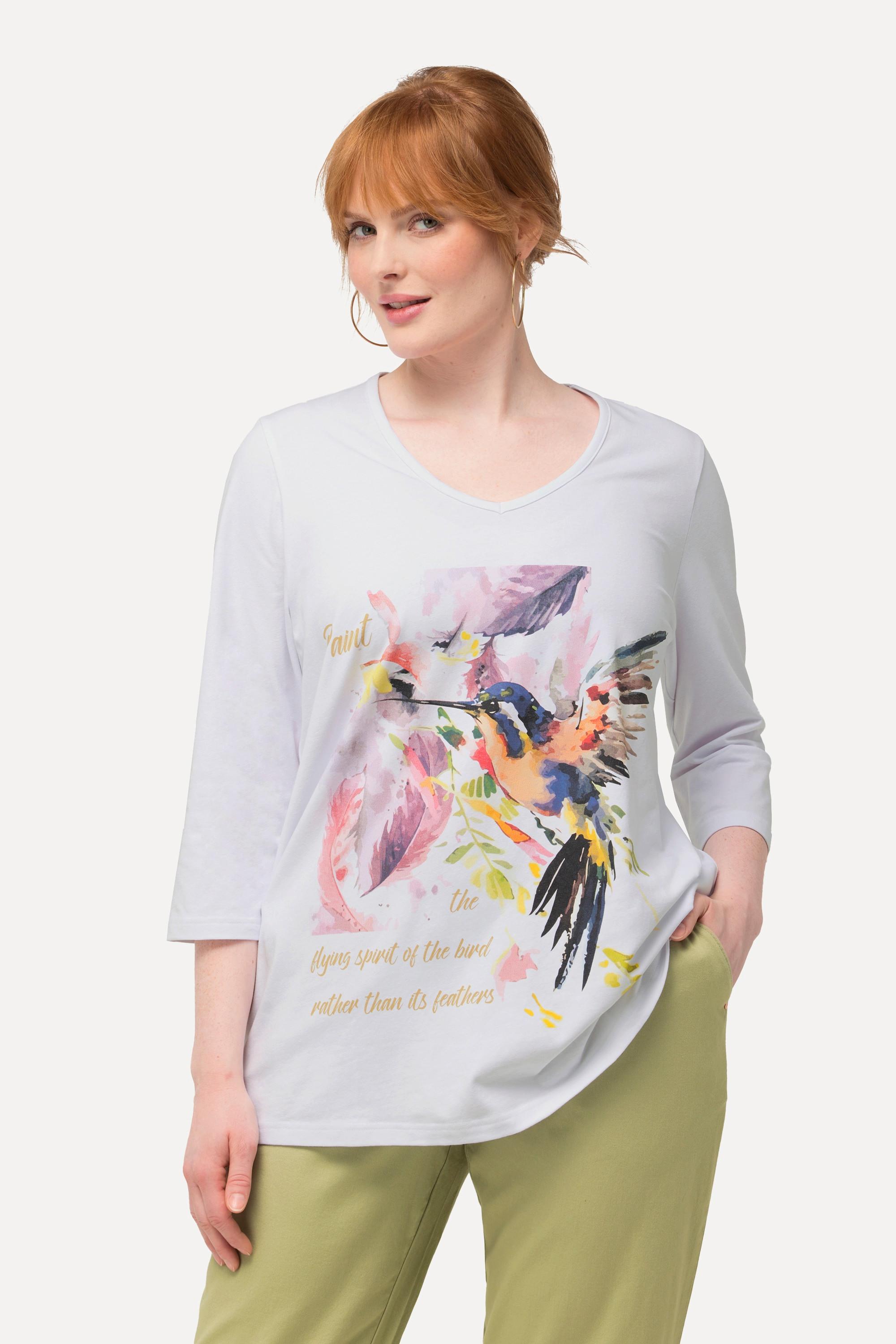 Ulla Popken  T-shirt, oiseau, coupe évasée, col V, manches 3/4 