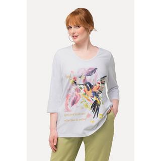 Ulla Popken  T-shirt, oiseau, coupe évasée, col V, manches 3/4 