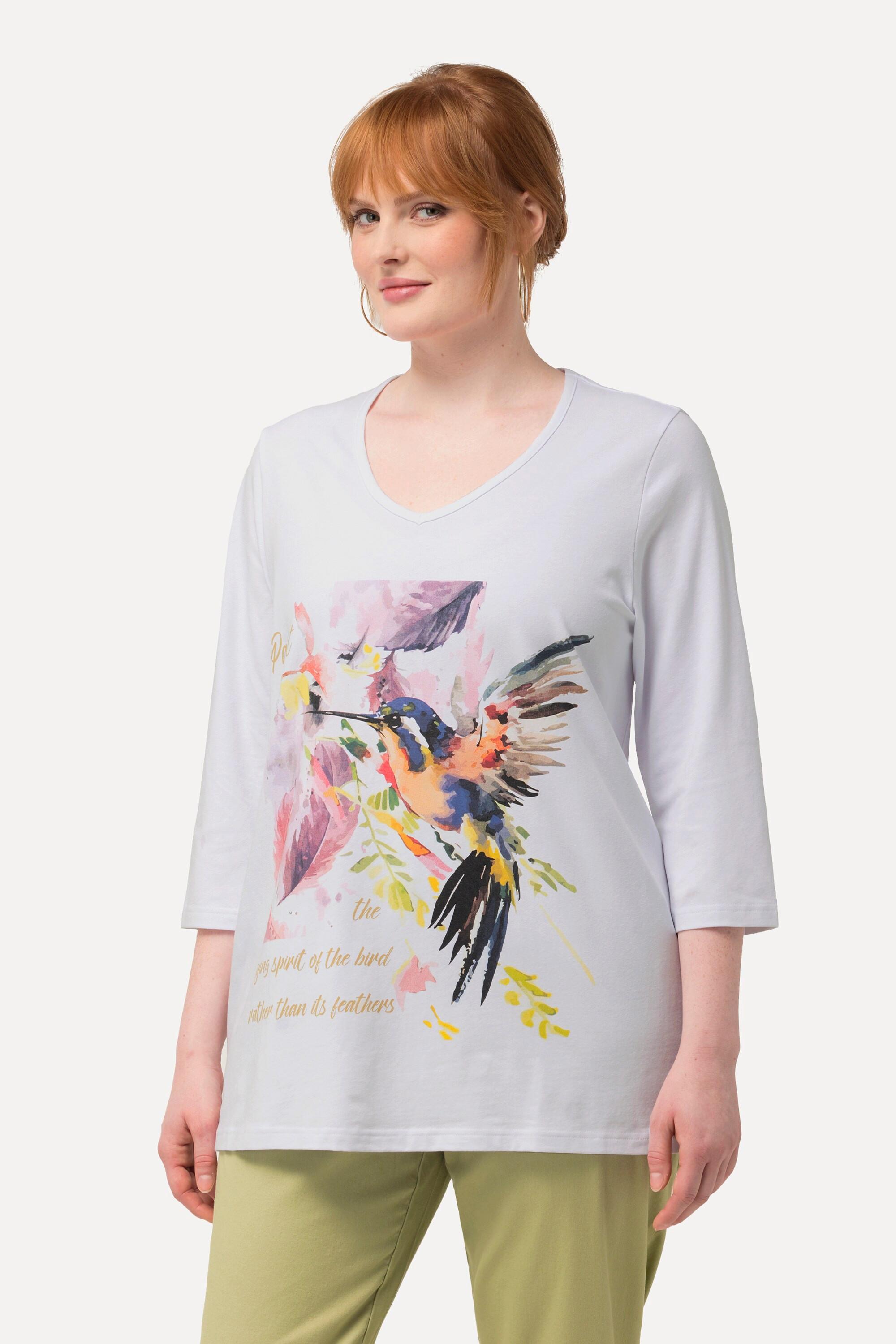 Ulla Popken  T-shirt, oiseau, coupe évasée, col V, manches 3/4 