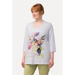 Ulla Popken  T-shirt, oiseau, coupe évasée, col V, manches 3/4 