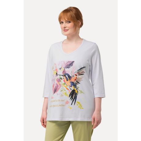 Ulla Popken  T-shirt, oiseau, coupe évasée, col V, manches 3/4 