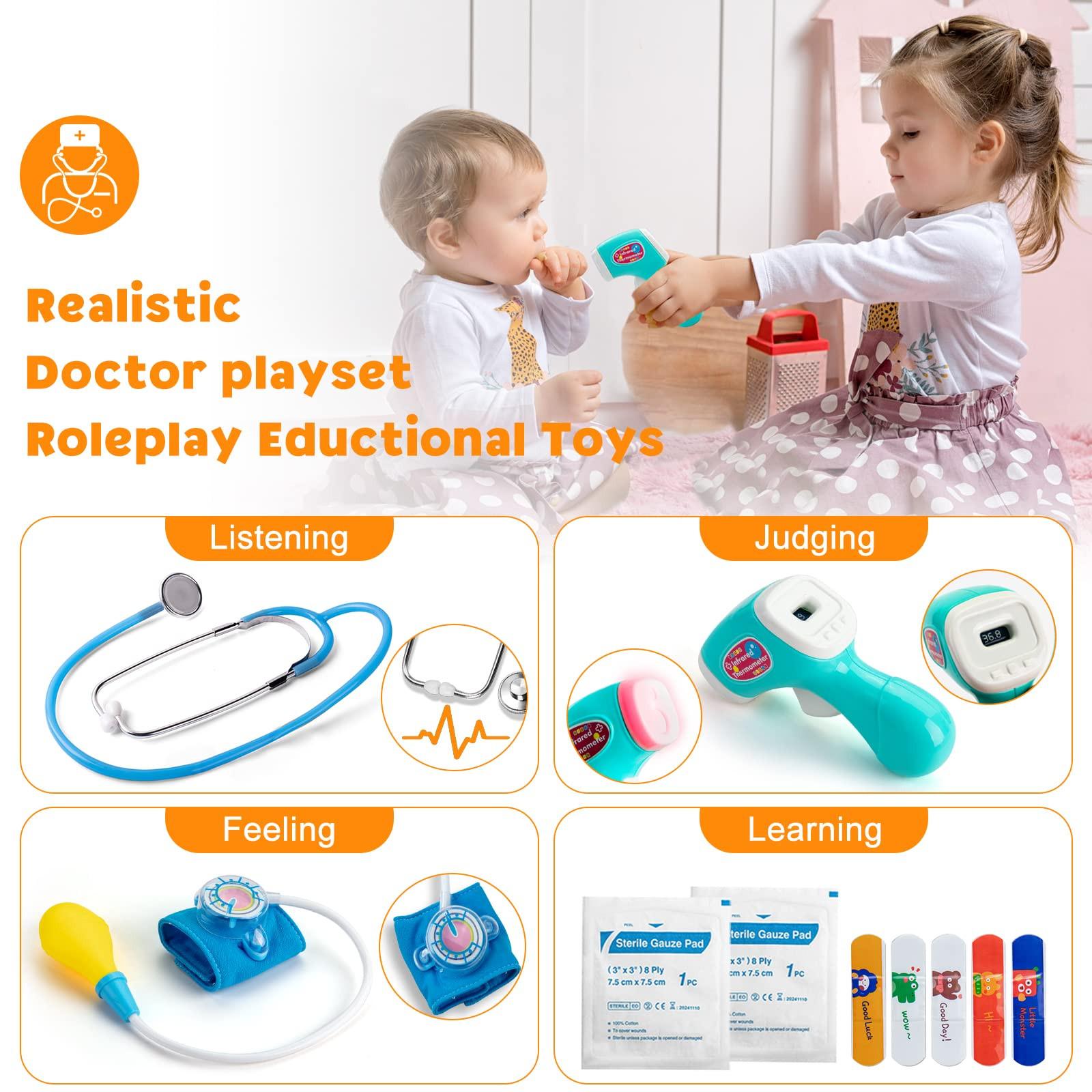 Activity-board  Mallette de médecin en bois pour enfants, jouet de médecin avec un vrai stéthoscope, un thermomètre, une seringue et des objets pratiques pour le jeu de rôle médical des enfants. 