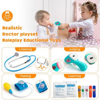 Activity-board  Mallette de médecin en bois pour enfants, jouet de médecin avec un vrai stéthoscope, un thermomètre, une seringue et des objets pratiques pour le jeu de rôle médical des enfants. 