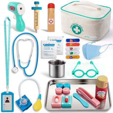 Activity-board  Mallette de médecin en bois pour enfants, jouet de médecin avec un vrai stéthoscope, un thermomètre, une seringue et des objets pratiques pour le jeu de rôle médical des enfants. 