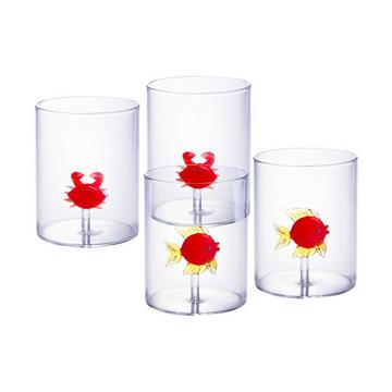 Lot de 4 verres animaux - Verre soufflé transparent et rouge - D.7.5 cm x H.9.5 cm  - APUNA