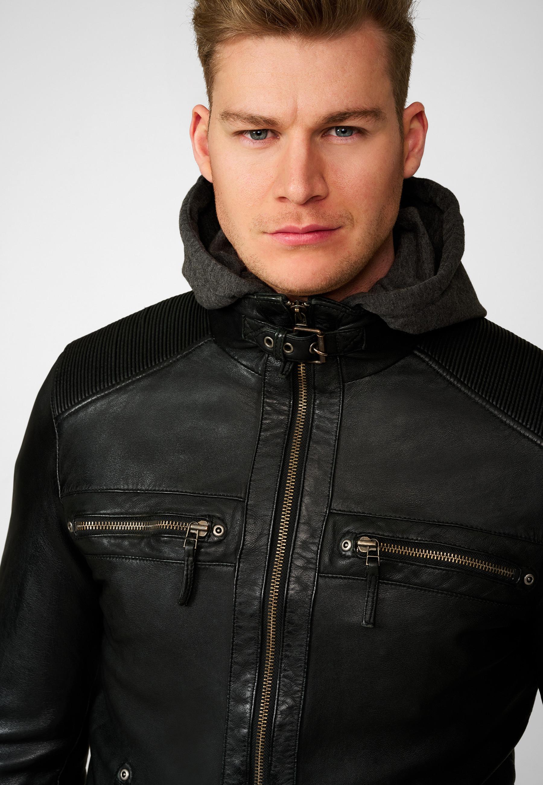 RICANO  Veste en cuir pour homme Nate, style motard avec capuche amovible 