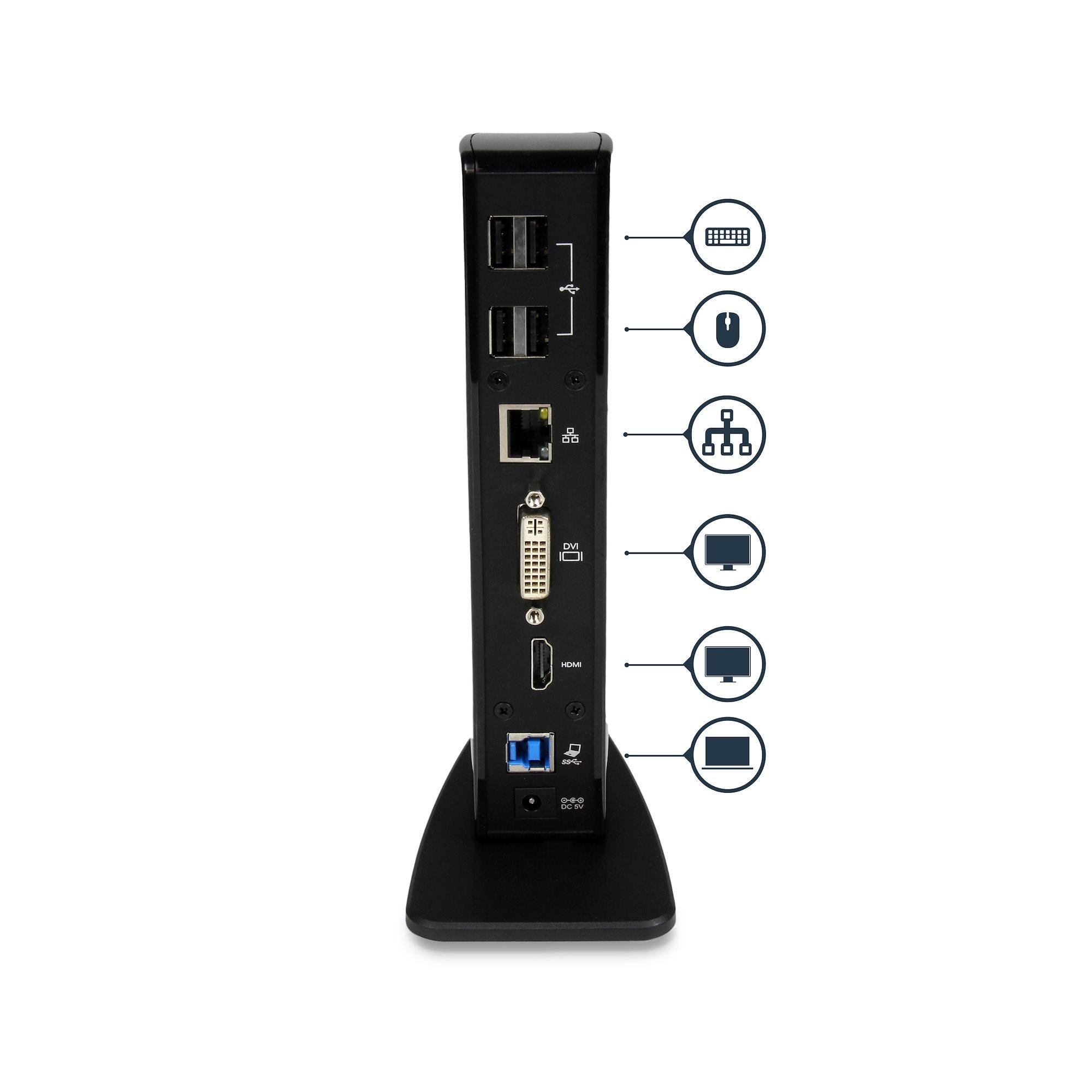 STARTECH.COM  Station d'Accueil pour Ordinateur Portable USB 3.0 à Double Écran avec HDMI et DVI/VGA, Hub USB-A 6x, GbE, Audio, Docking Station Universelle Type-A - Windows/macOS/ChromeOS 