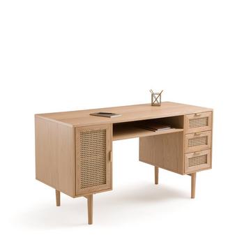 Bureau double caisson plaqué chêne et rotin