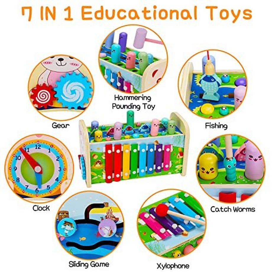 Activity-board  Klopfbank Holz mit 2 Schlägeln, 7 in 1 Hammerspiel ab 1 2 3 4 Jahre, Klopfbank Schlagen Hase Spiel, 