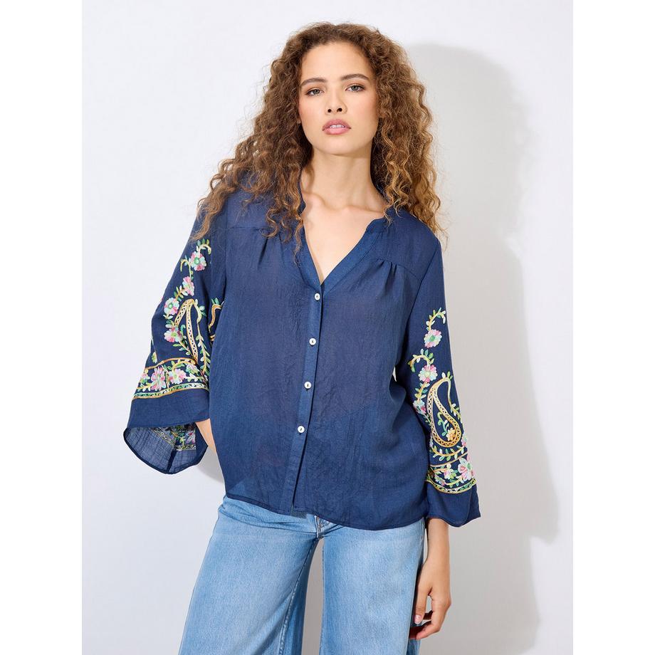 Blouse à manches cloche brodée de motifs cachemire