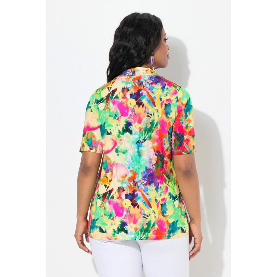 Ulla Popken T-shirt au tombé fluide Imprimé à fleurs Col bénitier Manches courtes  