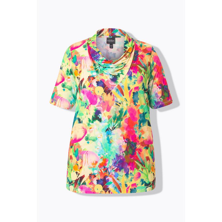 Ulla Popken T-shirt au tombé fluide Imprimé à fleurs Col bénitier Manches courtes  