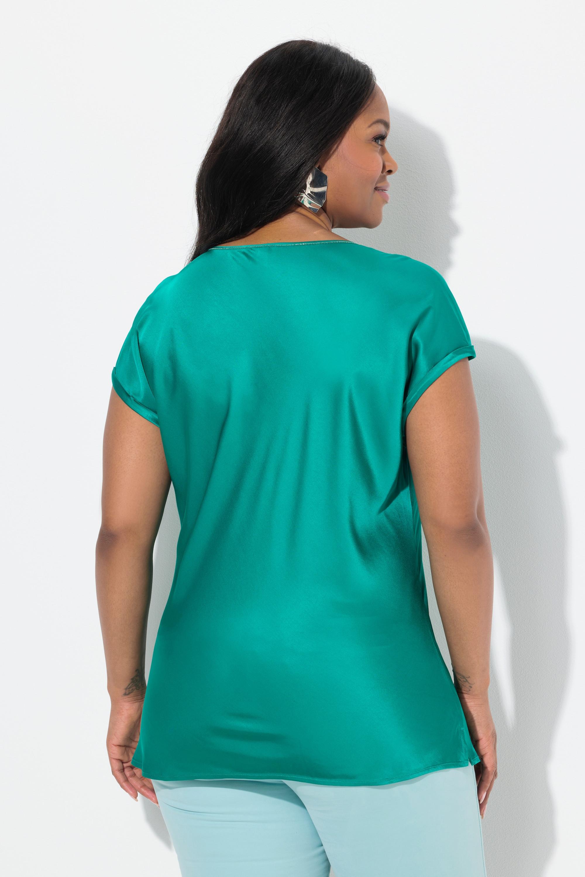 Ulla Popken Blouse en satin Col rond Couture pailletée Coupe Classic sans manches  