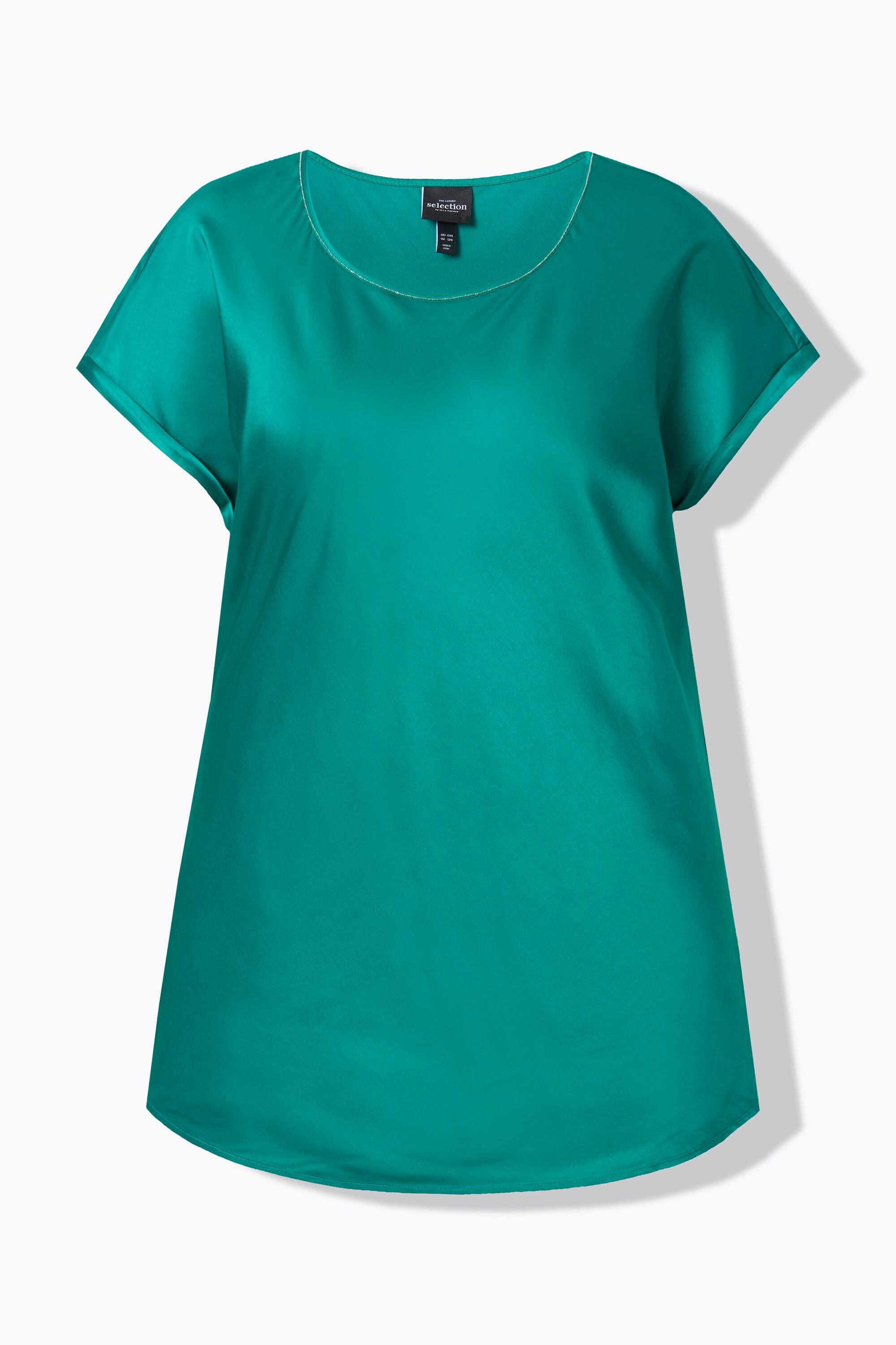 Ulla Popken Blouse en satin Col rond Couture pailletée Coupe Classic sans manches  