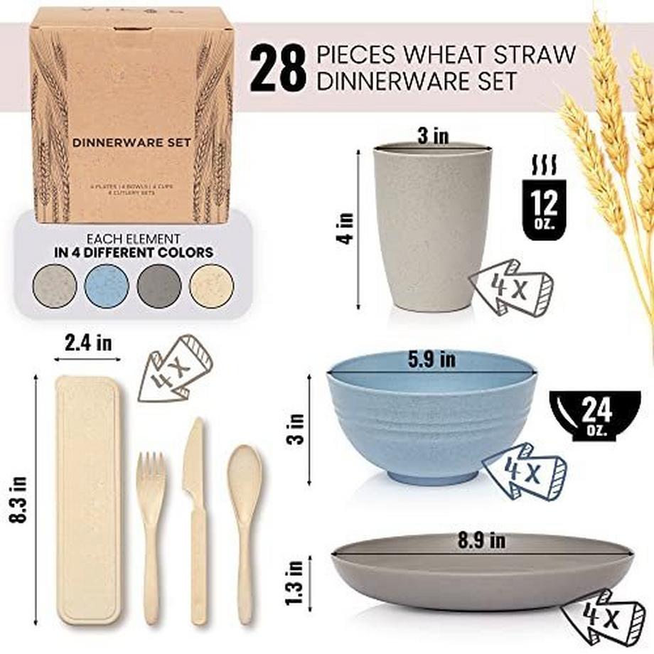 Only-bags.store  Geschirrset 4 Personen - Wiederverwendbar Recycelbar - Plastik Tassen Teller Schalen Besteck - 