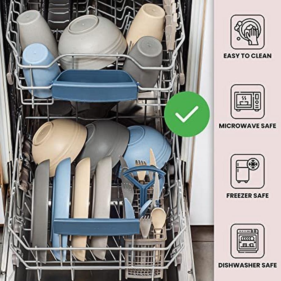 Only-bags.store  Geschirrset 4 Personen - Wiederverwendbar Recycelbar - Plastik Tassen Teller Schalen Besteck - 