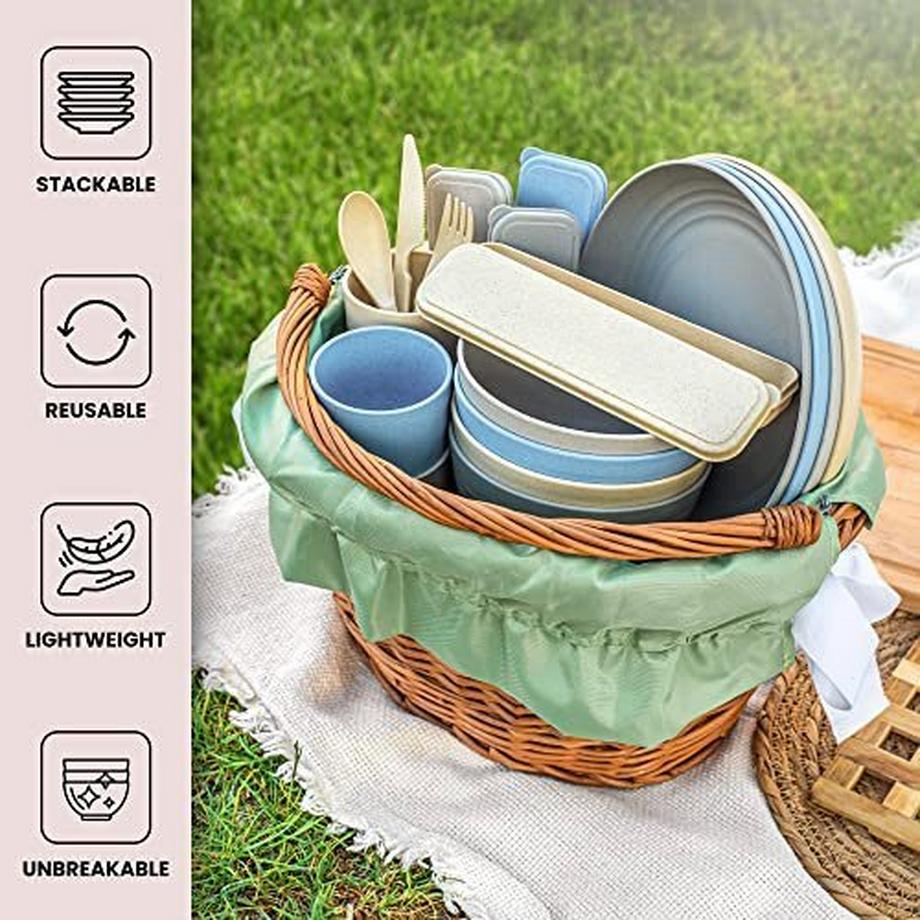 Only-bags.store  Geschirrset 4 Personen - Wiederverwendbar Recycelbar - Plastik Tassen Teller Schalen Besteck - 