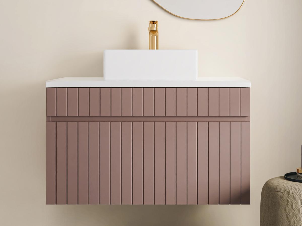 Vente-unique Mobile per bagno sospeso scanalato con lavabo da appoggio 80 cm Rosa - SATARA  