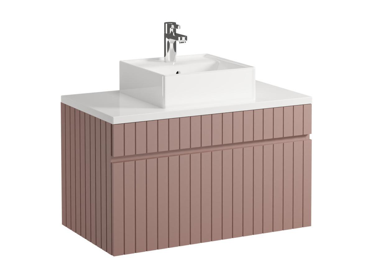 Vente-unique Mobile per bagno sospeso scanalato con lavabo da appoggio 80 cm Rosa - SATARA  