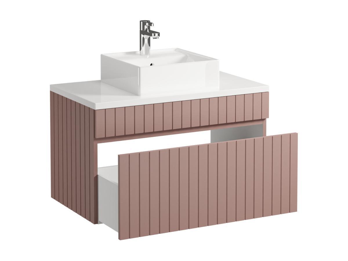Vente-unique Mobile per bagno sospeso scanalato con lavabo da appoggio 80 cm Rosa - SATARA  