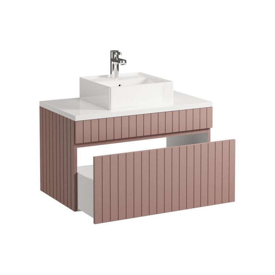 Vente-unique Meuble de salle de bain suspendu strié rose avec vasque à poser - 80 cm  - SATARA  