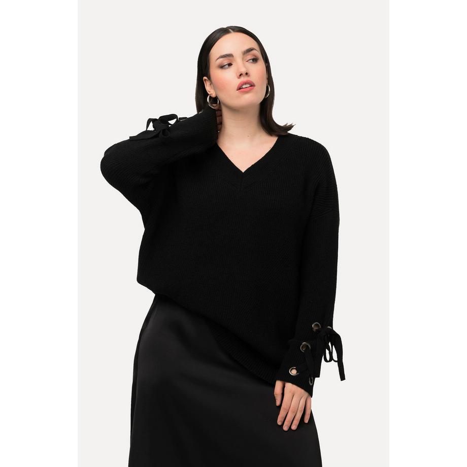 Ulla Popken Pull Oversized Col V Manches Longues avec Rubans aux Manches  