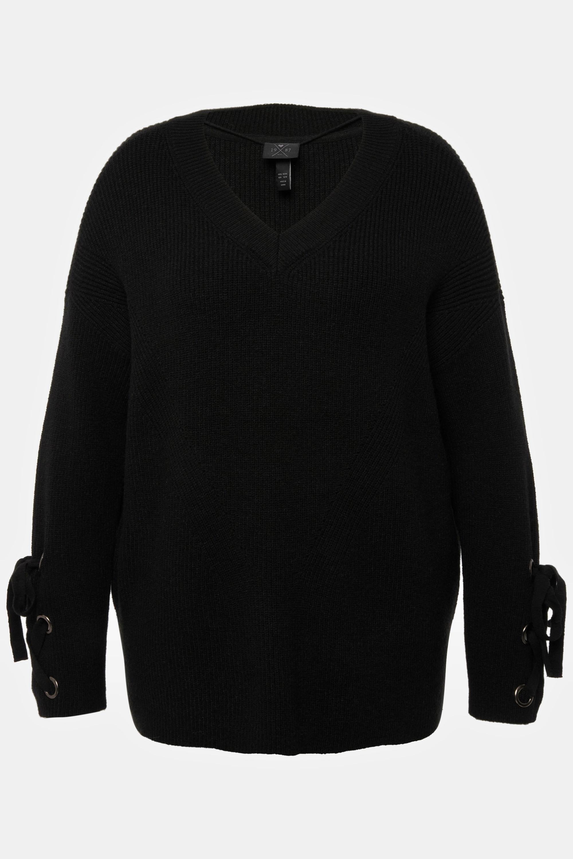 Ulla Popken Oversized V-Ausschnitt Langarm Pullover mit Ärmelbändern  