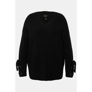 Ulla Popken Oversized V-Ausschnitt Langarm Pullover mit Ärmelbändern  