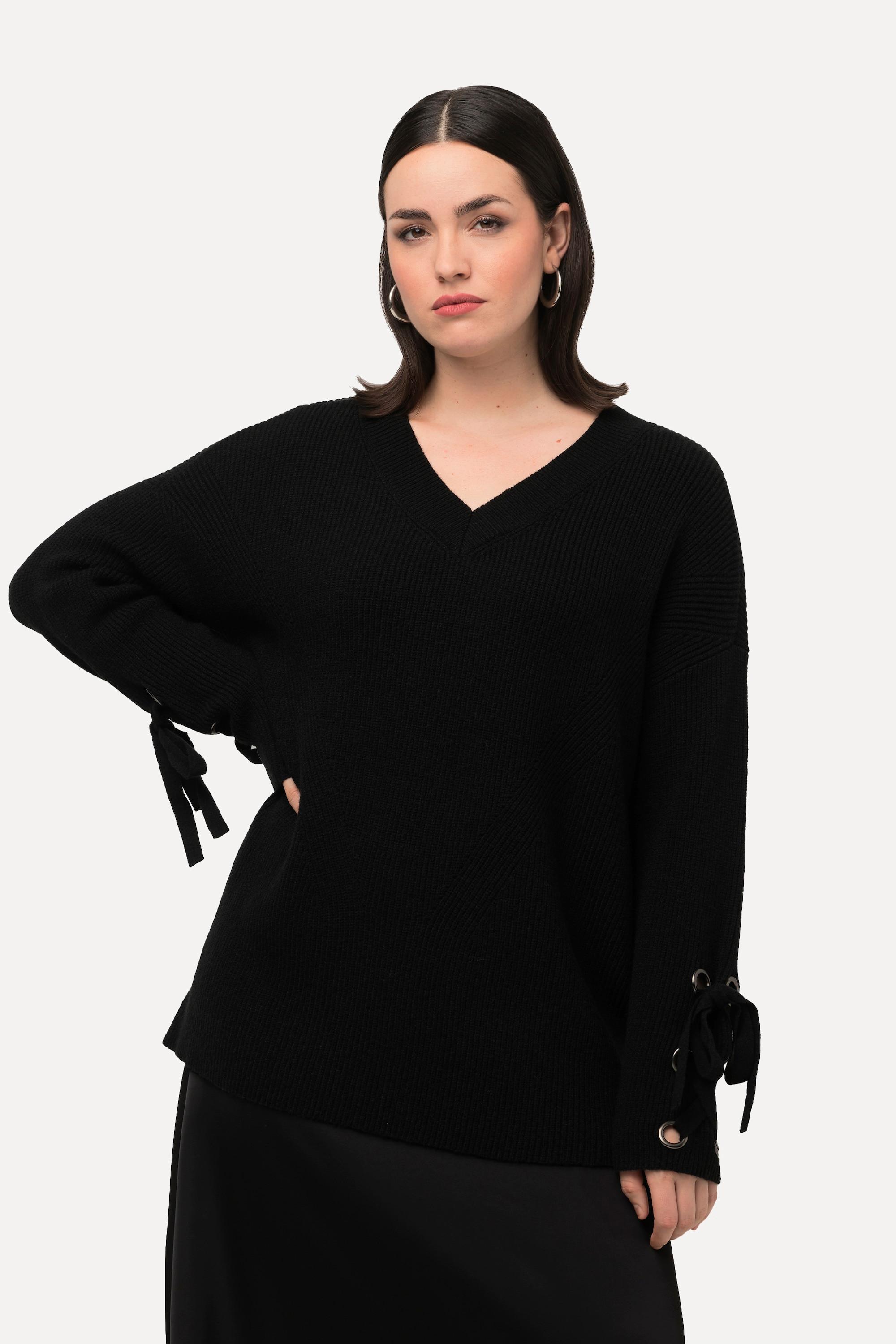 Ulla Popken Oversized V-Ausschnitt Langarm Pullover mit Ärmelbändern  