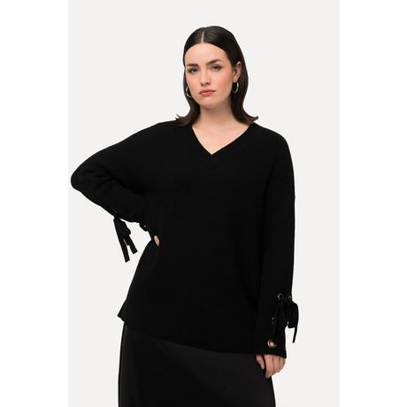 Ulla Popken Oversized V-Ausschnitt Langarm Pullover mit Ärmelbändern  