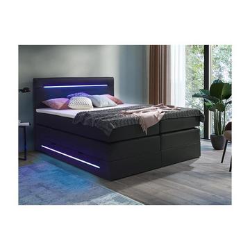 Set Boxspring testata LED+Base letto contenitore+Materasso+Topper Similpelle Nero KEROS di DREAMEA