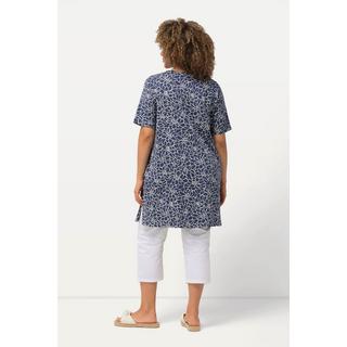 Ulla Popken  T-shirt long avec plis fantaisie, silhouette en A évasée, col en V et manches courtes 